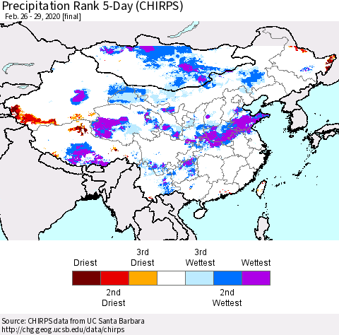 China and Taiwan Precipitation Rank 5-Day (CHIRPS) Thematic Map For 2/26/2020 - 2/29/2020