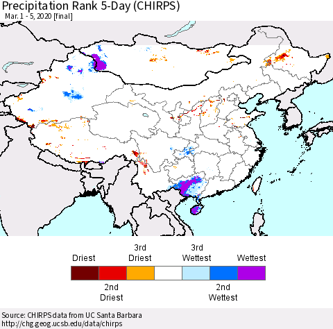 China and Taiwan Precipitation Rank 5-Day (CHIRPS) Thematic Map For 3/1/2020 - 3/5/2020
