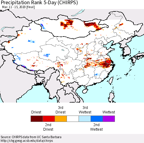 China and Taiwan Precipitation Rank 5-Day (CHIRPS) Thematic Map For 3/11/2020 - 3/15/2020