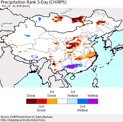 China and Taiwan Precipitation Rank 5-Day (CHIRPS) Thematic Map For 3/16/2020 - 3/20/2020