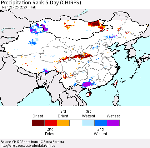 China and Taiwan Precipitation Rank 5-Day (CHIRPS) Thematic Map For 3/21/2020 - 3/25/2020