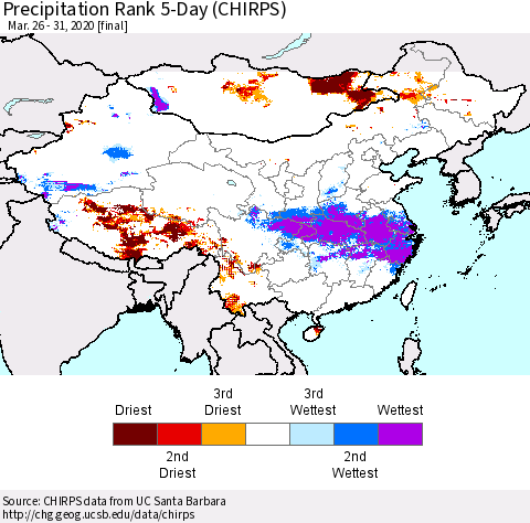 China, Mongolia and Taiwan Precipitation Rank since 1981, 5-Day (CHIRPS) Thematic Map For 3/26/2020 - 3/31/2020