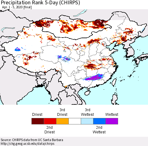 China, Mongolia and Taiwan Precipitation Rank since 1981, 5-Day (CHIRPS) Thematic Map For 4/1/2020 - 4/5/2020