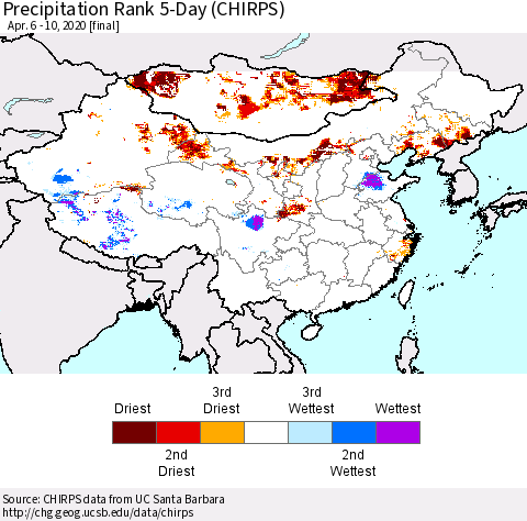 China and Taiwan Precipitation Rank 5-Day (CHIRPS) Thematic Map For 4/6/2020 - 4/10/2020