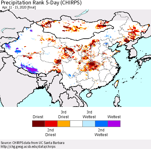 China and Taiwan Precipitation Rank 5-Day (CHIRPS) Thematic Map For 4/11/2020 - 4/15/2020