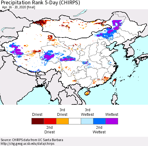 China and Taiwan Precipitation Rank 5-Day (CHIRPS) Thematic Map For 4/16/2020 - 4/20/2020