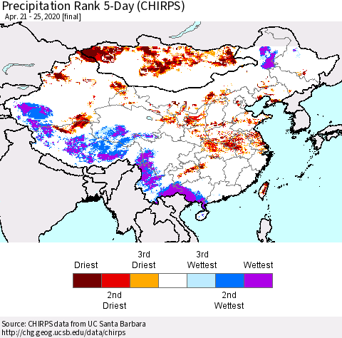 China and Taiwan Precipitation Rank 5-Day (CHIRPS) Thematic Map For 4/21/2020 - 4/25/2020