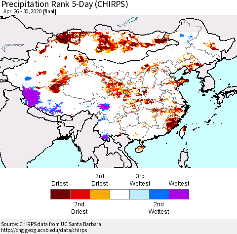 China and Taiwan Precipitation Rank 5-Day (CHIRPS) Thematic Map For 4/26/2020 - 4/30/2020