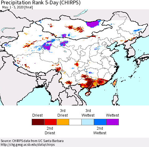 China, Mongolia and Taiwan Precipitation Rank since 1981, 5-Day (CHIRPS) Thematic Map For 5/1/2020 - 5/5/2020