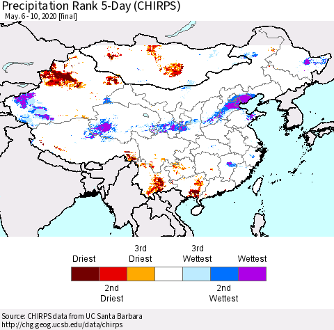 China, Mongolia and Taiwan Precipitation Rank since 1981, 5-Day (CHIRPS) Thematic Map For 5/6/2020 - 5/10/2020