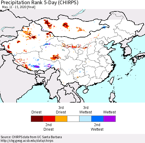 China, Mongolia and Taiwan Precipitation Rank since 1981, 5-Day (CHIRPS) Thematic Map For 5/11/2020 - 5/15/2020