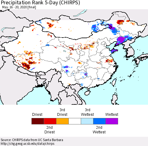 China, Mongolia and Taiwan Precipitation Rank since 1981, 5-Day (CHIRPS) Thematic Map For 5/16/2020 - 5/20/2020