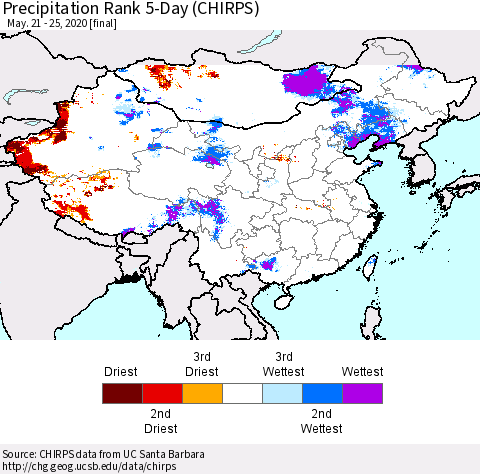 China and Taiwan Precipitation Rank 5-Day (CHIRPS) Thematic Map For 5/21/2020 - 5/25/2020