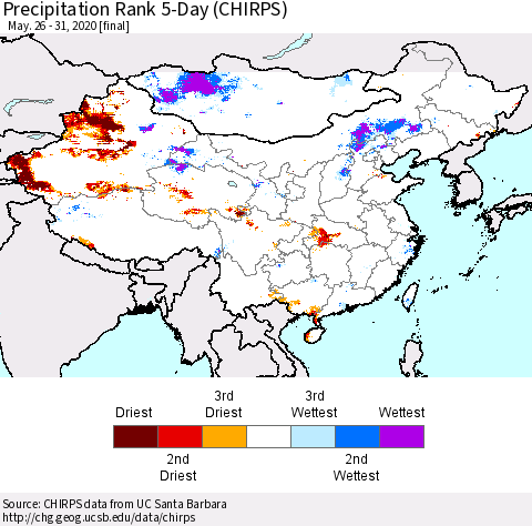 China and Taiwan Precipitation Rank 5-Day (CHIRPS) Thematic Map For 5/26/2020 - 5/31/2020