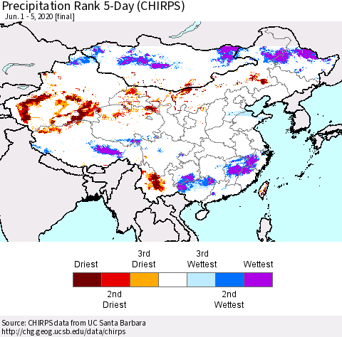 China and Taiwan Precipitation Rank 5-Day (CHIRPS) Thematic Map For 6/1/2020 - 6/5/2020