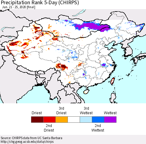 China and Taiwan Precipitation Rank 5-Day (CHIRPS) Thematic Map For 6/21/2020 - 6/25/2020