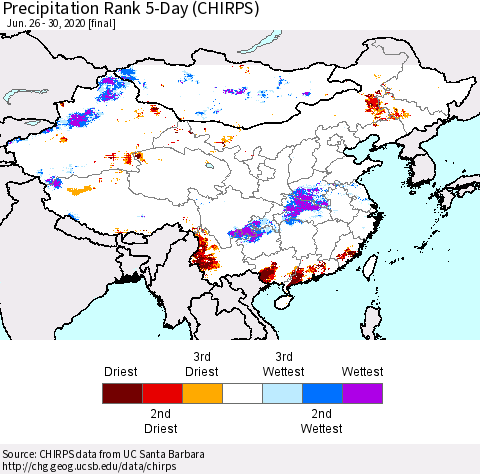 China, Mongolia and Taiwan Precipitation Rank since 1981, 5-Day (CHIRPS) Thematic Map For 6/26/2020 - 6/30/2020