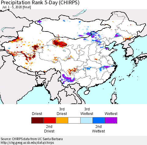China, Mongolia and Taiwan Precipitation Rank since 1981, 5-Day (CHIRPS) Thematic Map For 7/1/2020 - 7/5/2020