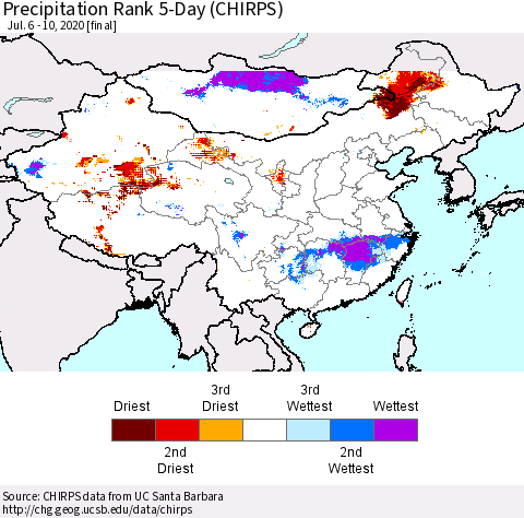 China, Mongolia and Taiwan Precipitation Rank since 1981, 5-Day (CHIRPS) Thematic Map For 7/6/2020 - 7/10/2020