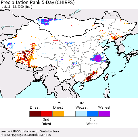 China, Mongolia and Taiwan Precipitation Rank since 1981, 5-Day (CHIRPS) Thematic Map For 7/11/2020 - 7/15/2020