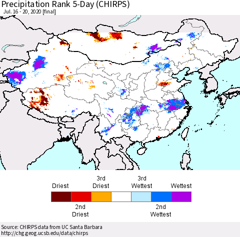 China, Mongolia and Taiwan Precipitation Rank since 1981, 5-Day (CHIRPS) Thematic Map For 7/16/2020 - 7/20/2020