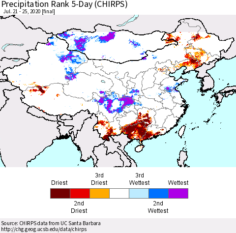 China, Mongolia and Taiwan Precipitation Rank since 1981, 5-Day (CHIRPS) Thematic Map For 7/21/2020 - 7/25/2020