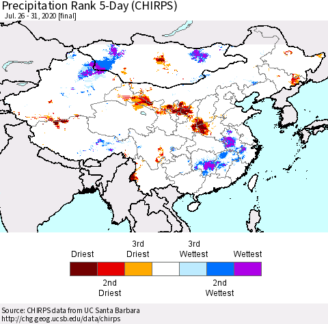 China, Mongolia and Taiwan Precipitation Rank since 1981, 5-Day (CHIRPS) Thematic Map For 7/26/2020 - 7/31/2020