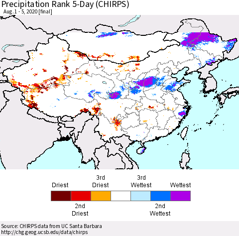 China, Mongolia and Taiwan Precipitation Rank since 1981, 5-Day (CHIRPS) Thematic Map For 8/1/2020 - 8/5/2020