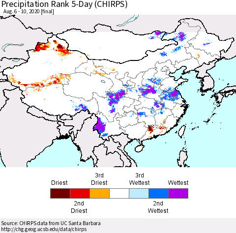 China, Mongolia and Taiwan Precipitation Rank since 1981, 5-Day (CHIRPS) Thematic Map For 8/6/2020 - 8/10/2020