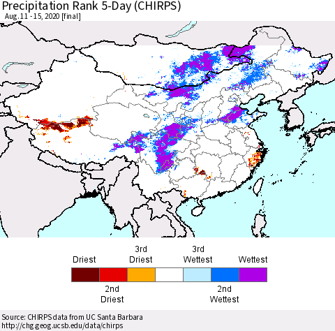 China, Mongolia and Taiwan Precipitation Rank since 1981, 5-Day (CHIRPS) Thematic Map For 8/11/2020 - 8/15/2020