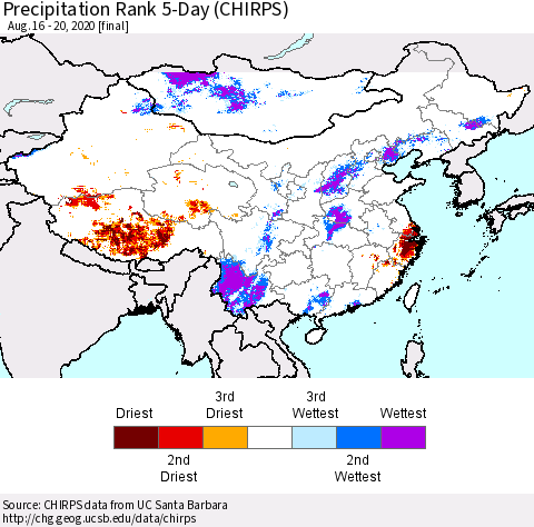 China, Mongolia and Taiwan Precipitation Rank since 1981, 5-Day (CHIRPS) Thematic Map For 8/16/2020 - 8/20/2020