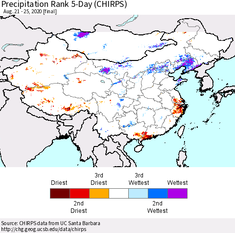 China, Mongolia and Taiwan Precipitation Rank since 1981, 5-Day (CHIRPS) Thematic Map For 8/21/2020 - 8/25/2020