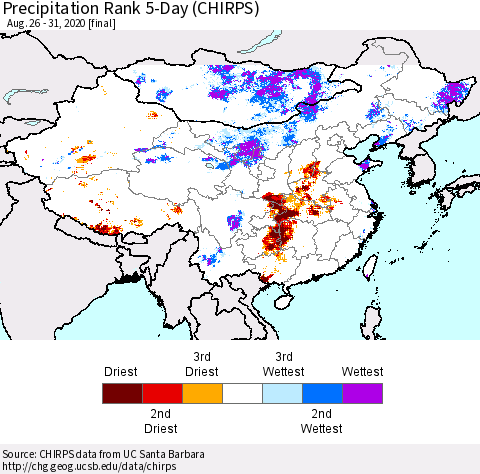 China, Mongolia and Taiwan Precipitation Rank since 1981, 5-Day (CHIRPS) Thematic Map For 8/26/2020 - 8/31/2020