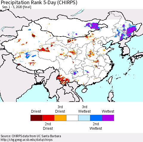 China, Mongolia and Taiwan Precipitation Rank since 1981, 5-Day (CHIRPS) Thematic Map For 9/1/2020 - 9/5/2020