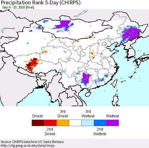 China, Mongolia and Taiwan Precipitation Rank since 1981, 5-Day (CHIRPS) Thematic Map For 9/6/2020 - 9/10/2020