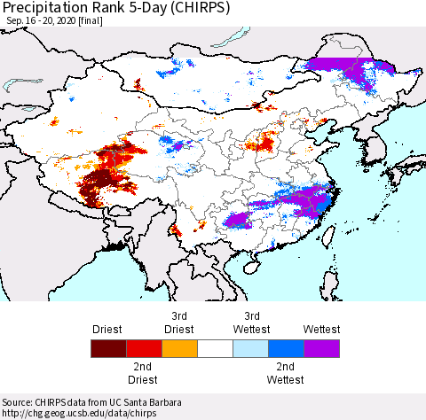 China, Mongolia and Taiwan Precipitation Rank since 1981, 5-Day (CHIRPS) Thematic Map For 9/16/2020 - 9/20/2020