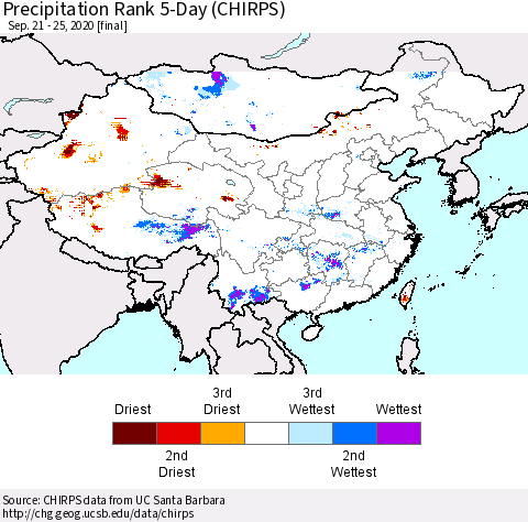 China, Mongolia and Taiwan Precipitation Rank since 1981, 5-Day (CHIRPS) Thematic Map For 9/21/2020 - 9/25/2020
