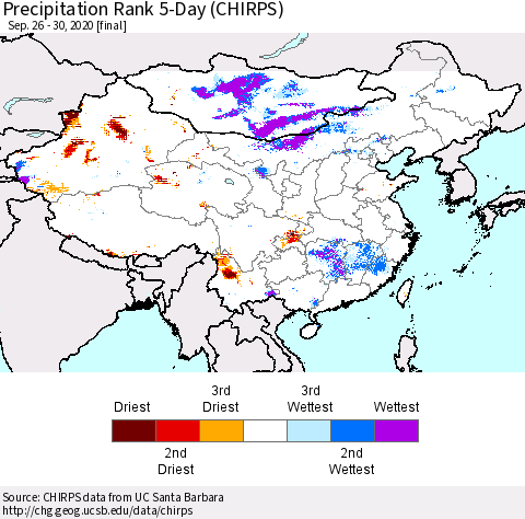 China, Mongolia and Taiwan Precipitation Rank since 1981, 5-Day (CHIRPS) Thematic Map For 9/26/2020 - 9/30/2020