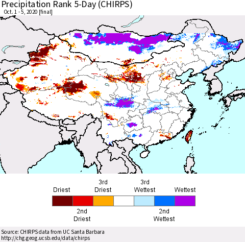 China, Mongolia and Taiwan Precipitation Rank since 1981, 5-Day (CHIRPS) Thematic Map For 10/1/2020 - 10/5/2020