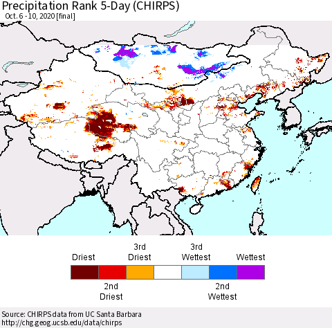 China, Mongolia and Taiwan Precipitation Rank since 1981, 5-Day (CHIRPS) Thematic Map For 10/6/2020 - 10/10/2020