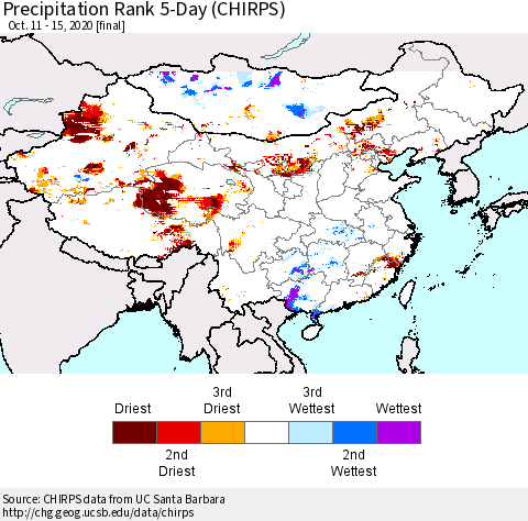 China, Mongolia and Taiwan Precipitation Rank since 1981, 5-Day (CHIRPS) Thematic Map For 10/11/2020 - 10/15/2020