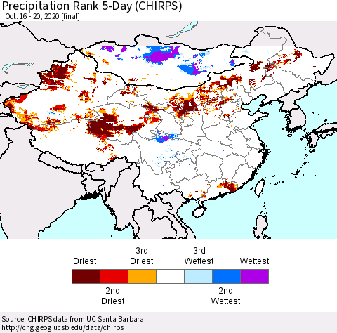 China, Mongolia and Taiwan Precipitation Rank since 1981, 5-Day (CHIRPS) Thematic Map For 10/16/2020 - 10/20/2020