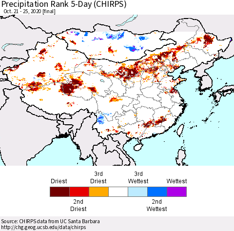 China, Mongolia and Taiwan Precipitation Rank since 1981, 5-Day (CHIRPS) Thematic Map For 10/21/2020 - 10/25/2020