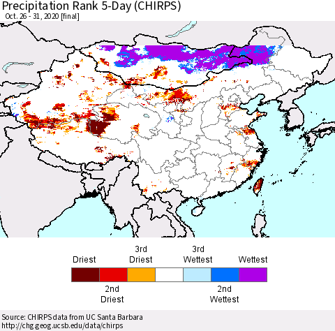 China, Mongolia and Taiwan Precipitation Rank since 1981, 5-Day (CHIRPS) Thematic Map For 10/26/2020 - 10/31/2020