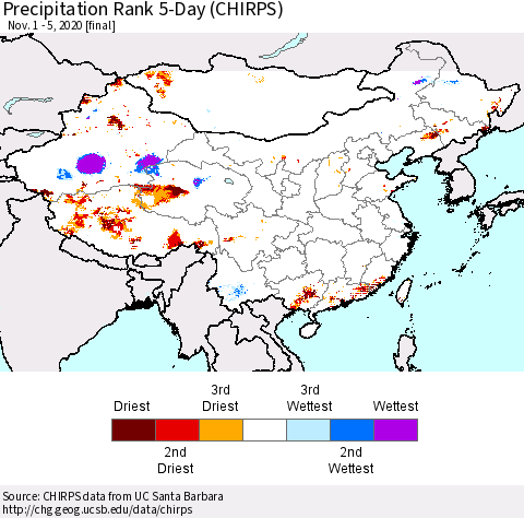 China, Mongolia and Taiwan Precipitation Rank since 1981, 5-Day (CHIRPS) Thematic Map For 11/1/2020 - 11/5/2020