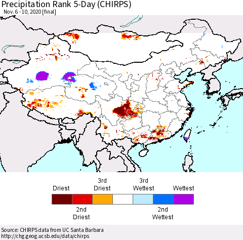 China, Mongolia and Taiwan Precipitation Rank since 1981, 5-Day (CHIRPS) Thematic Map For 11/6/2020 - 11/10/2020