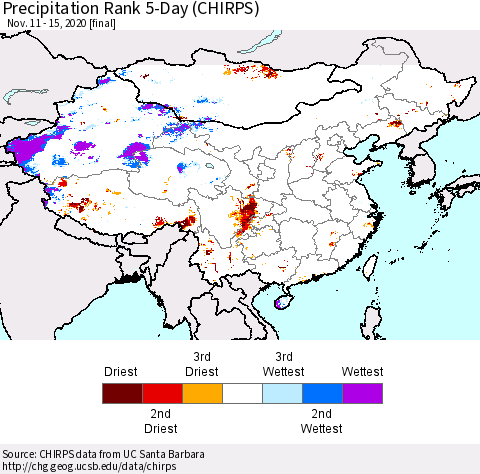 China, Mongolia and Taiwan Precipitation Rank since 1981, 5-Day (CHIRPS) Thematic Map For 11/11/2020 - 11/15/2020