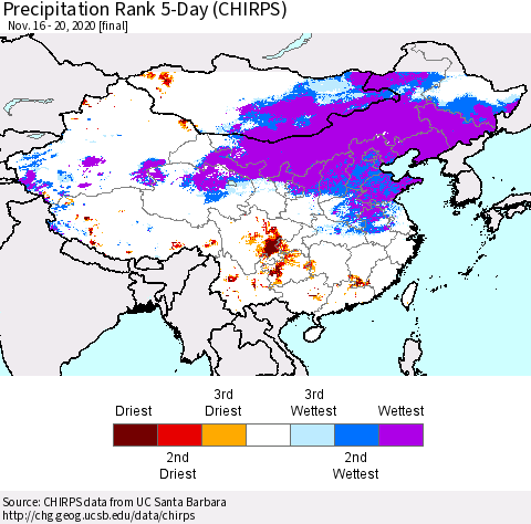China, Mongolia and Taiwan Precipitation Rank since 1981, 5-Day (CHIRPS) Thematic Map For 11/16/2020 - 11/20/2020