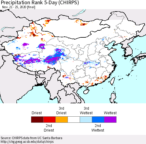 China, Mongolia and Taiwan Precipitation Rank since 1981, 5-Day (CHIRPS) Thematic Map For 11/21/2020 - 11/25/2020