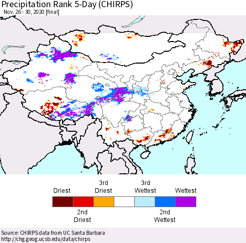 China, Mongolia and Taiwan Precipitation Rank since 1981, 5-Day (CHIRPS) Thematic Map For 11/26/2020 - 11/30/2020